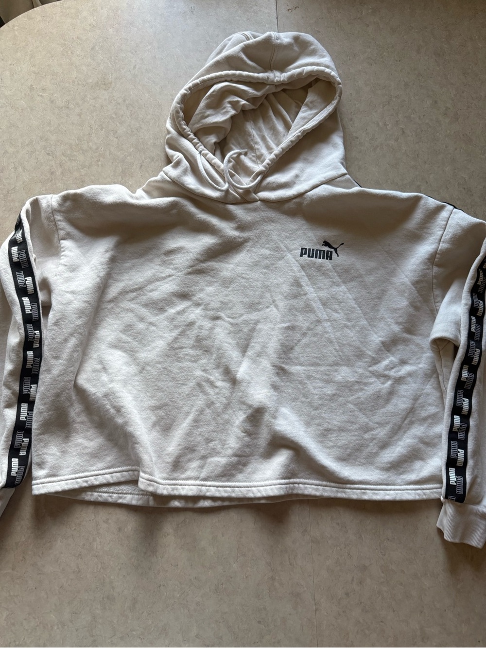 Puma Cream Cropped Hoodie with Black Logo and Sleeve Tape